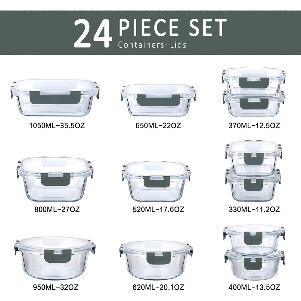 24-Piece Glass Food Storage Co - đánh giá và giá Meal Prep Glass Containers With Lids